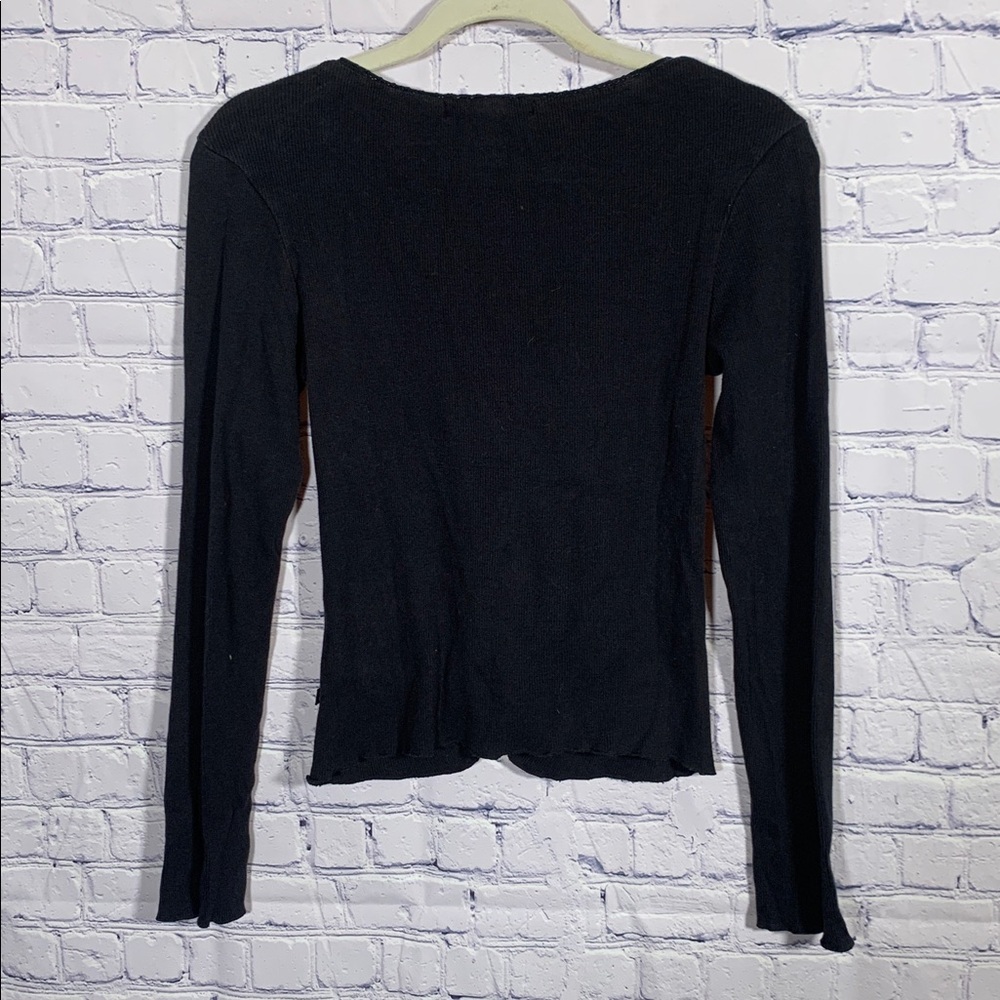 Lucky Brand Womens Y2K Ribbed Long Sleeve Top Black Cinch Tie Front Sz L Fitted - Picture 6 of 6